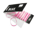 En förpackning med BLAX Hair elastics - Pink (8 st) från BLAX visas, med två snag-free rosa och vita elastiska band placerade bredvid förpackningen på en vit yta.