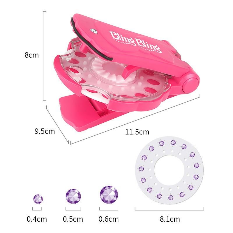 The Fashiongirl Bling Bling Ultimate Glam Kit includes a pink styling tool with an 8.1cm disc, purple sticky diamond stones, and images of three gem sizes (0.4cm, 0.5cm, 0.6cm)—perfect for dazzling hair accessories.