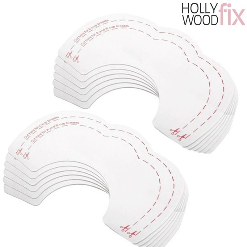 A stack of Fashiongirl Breast Tape Hollywood Fix Instant Lift - 10 pcs, arranged in two piles, shows crescent-shaped strips with dashed lines and scissors icons indicating where to cut.