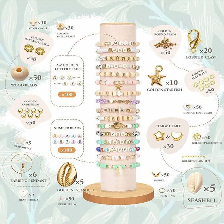 An image of the Fashiongirl Clay Beads / Heishi Beads Bohemian Kit - KREA DIY Jewellery Kit (6000 pcs) shows a display stand with colorful beaded bracelets and labeled illustrations detailing beads, charms, clasps, shells, and pendants with quantities.