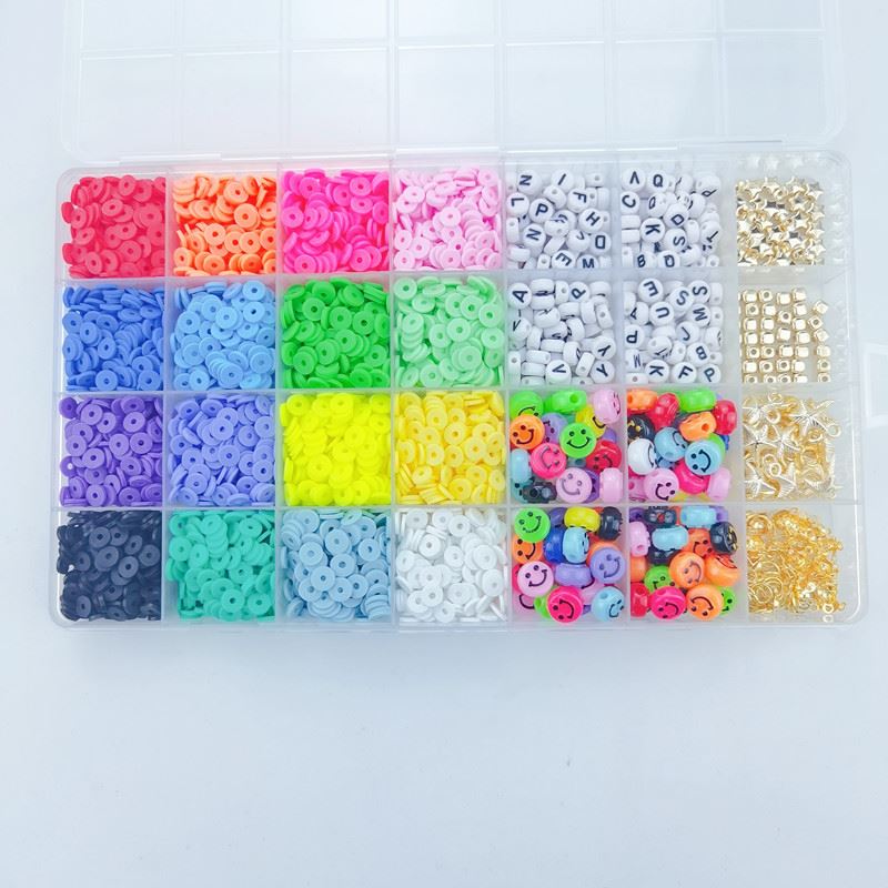 The Fashiongirl Clay Beads / Heishi Beads Fimo Kit offers 4500 colorful beads, including smiley face, letter, and metallic gold beads in a compartment box—perfect for creative DIY jewellery projects.