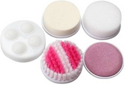 The Fashiongirl Facial Brush 5-in-1 | Facial Brush Cleanser includes five interchangeable heads: pink and white bristle brush, rounded massager, pumice stone, and two sponge pads—ideal for any facial cleanser or skincare routine.