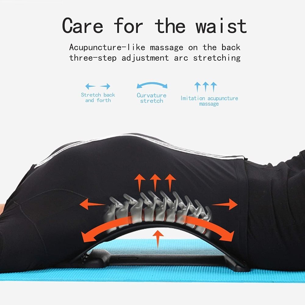 A person lies on a blue mat using the Fashiongirl Pro Back Stretcher, a black lumbar support with raised ridges. Orange arrows show posture correction and pain relief benefits, highlighting its acupuncture-like massage and three-step stretch design.