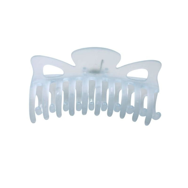 The SOHO Jelly Hair Claw in Cool Blue by SOHO is a translucent light blue plastic clip with curved prongs and a spring hinge, designed for a secure grip to hold all hair types in place.