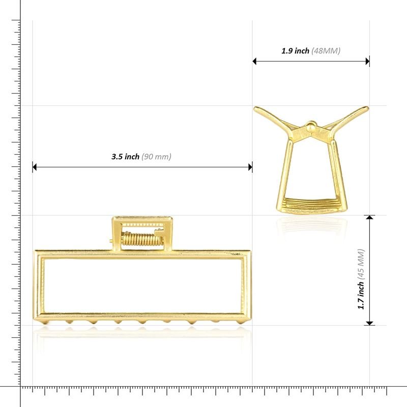 SOHO Niba Large Metal Hair Claw i guld visas från två vinklar med angivna mått: 3,5 tum (90 mm) bred, 1,7 tum (45 mm) hög och 1,9 tum (48 mm) djup – perfekt för att fästa en slarvig knut med detta snygga SOHO-tillbehörSOHO