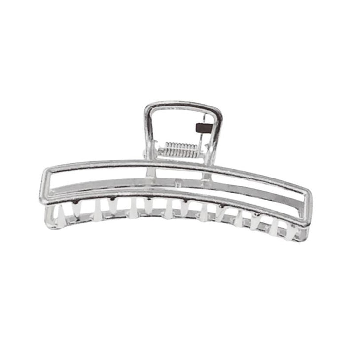 The SOHO Selin Metal Hair Claw in silver, by SOHO, features a rectangular design with a spring hinge and open minimalist structure for all hair types, shown against a white background.