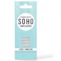 SOHO Snag-Free Hair Elastics – 10 st i transparent, 4 mm tjocka, levereras i ljusblå förpackning med cirkulärt mönster och fönster. Starka, elastiska och skonsamma mot alla hårtyper.