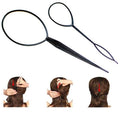 Fashiongirl Topsy Tail Hair Styling Tool 2 Piece Set visas ovanför tre bilder som steg för steg visar hur man använder verktyget för att skapa en uppsatt frisyr med långt brunt hår, med hjälp av röda pilar.