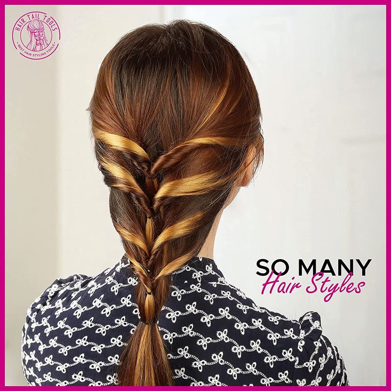 A woman with brown and blonde highlights wears a patterned shirt and shows off a loose, stylish topsy tail ponytail braid using the Fashiongirl Topsy Tail Hair Styling Tool 2-Piece Set. Text reads: SO MANY Hair Styles.