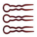 SOHO Twist Chignon Hairpins-paketet med 3 stycken innehåller bruna, vågiga hårnålar med runda handtag på vit bakgrund – perfekta för att fixera din favoritfrisyr eller uppsättning.