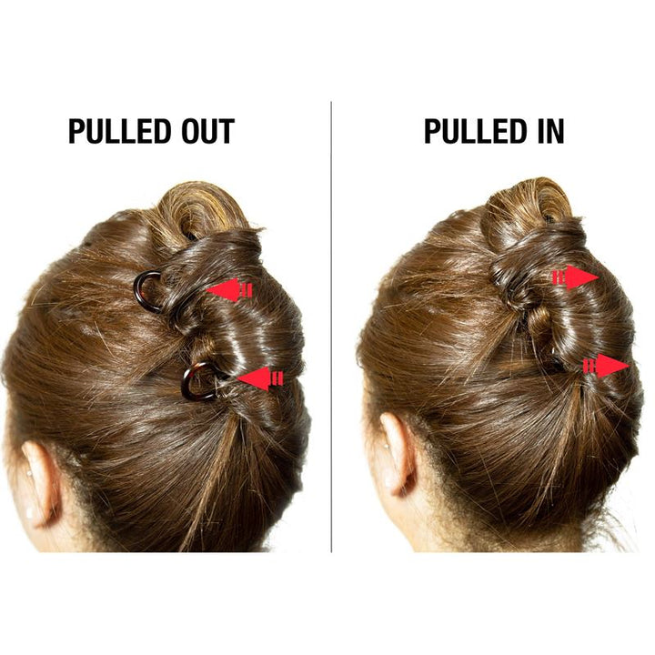 Side-by-side images show a woman’s bun. The left displays pulled-out pins; the right features SOHO Twist Chignon Hairpins pack of 3 secured in place, with arrows indicating each pins direction.