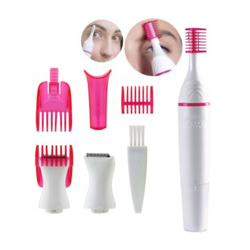 The UNIQ 5-in-1 Trimmer for Eyebrows, Nose, Bikini Line, and Face Epilator by UNIQ is a white and pink beauty styler with multiple pink attachments and a cleaning brush for painless hair removal.