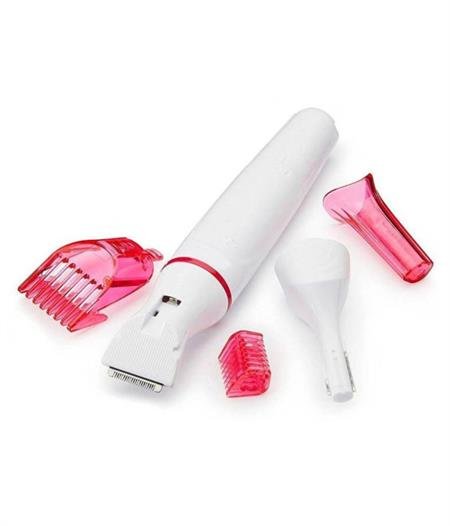 The UNIQ 5-in-1 Trimmer for Eyebrows, Nose, Bikini Line, and Face Epilator features pink and white attachments—ideal for painless hair removal and precise grooming. Perfect beauty styler by UNIQ.