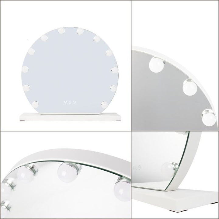 The UNIQ London Round Make-up Mirror features a sleek white base, 12 LED bulbs, and touch controls. The image displays both full and close-up views highlighting the mirrors detailed lighting features by UNIQ.