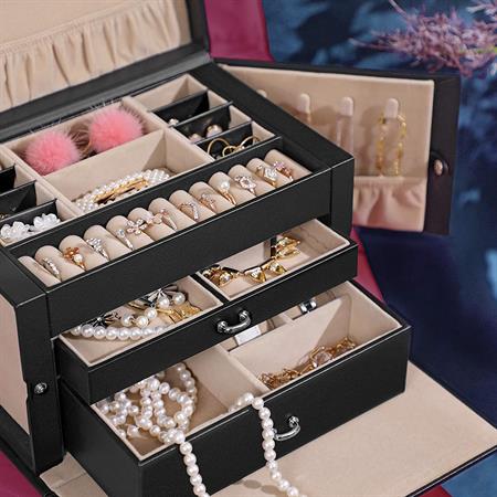 UNIQ XL Leather jewellery box with 20 compartments and lock - Black - Jewelry Box